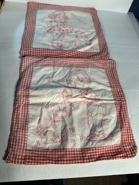 Vtg Redwork Embroidered Pillow Cases Red/White Checkered Gingham Border Girl Boy